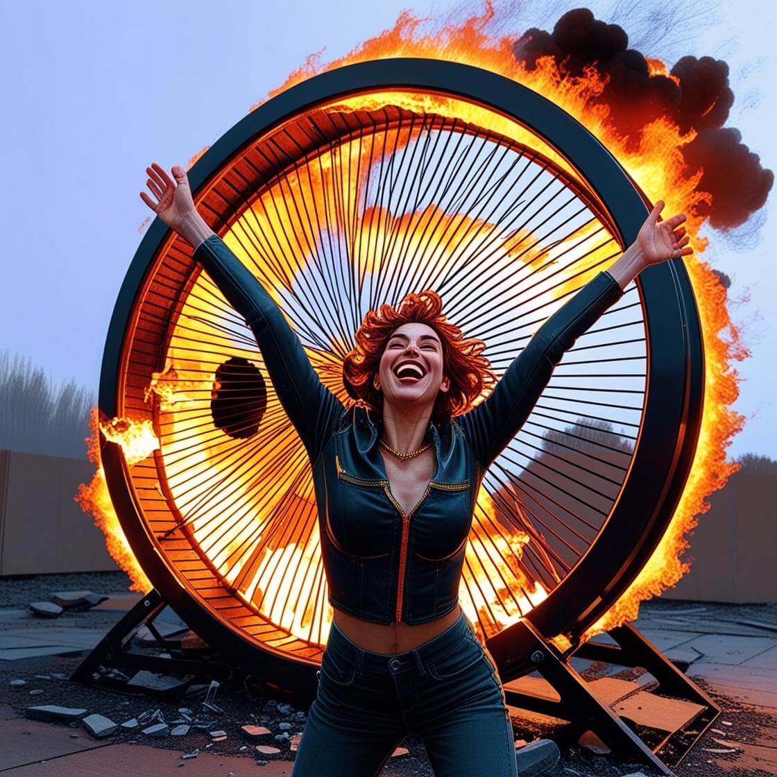 woman celebrating with raised arms in front of a large burning hamster wheel